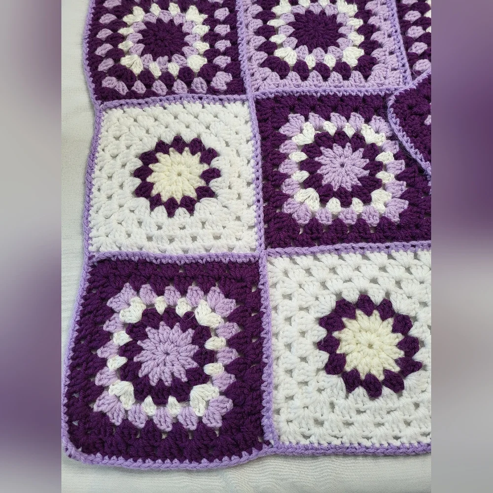 Purple and White Block Handmade Crochet Afghan Throw Lap Yarn Blanket 46